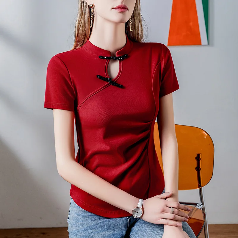 #4404 Black Red Vintage Short Sleeve T Shirt Women Stand Collar Button Hollow Out Sexy Skinny Asymmetrical T Shirt Female Cotton