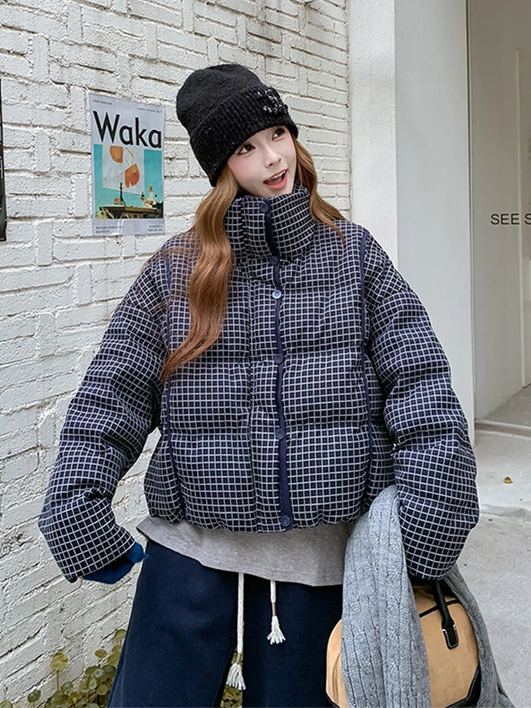 Manteau d'hiver rétro vintage pour femme, style puffer, col montant, coupe ajustée, motif à carreaux, vêtement décontracté