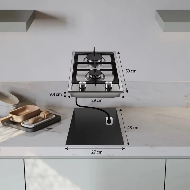Estufa de gas de acero inoxidable, estufa de gas de 2 quemadores con protección automática contra la llama, compatible con gas natural y propano.