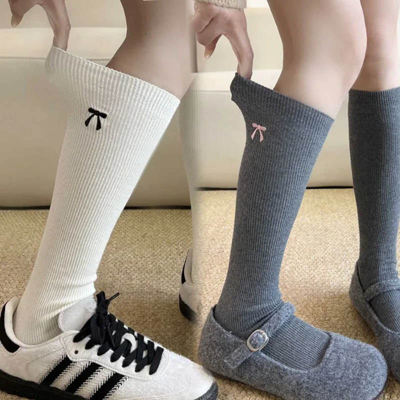 

Embroid Bowknot Knitted Calf Socks Thickened Winter Warmth Long Socks Fashion JK Cotton Black White Grey Home Floor Stockings
