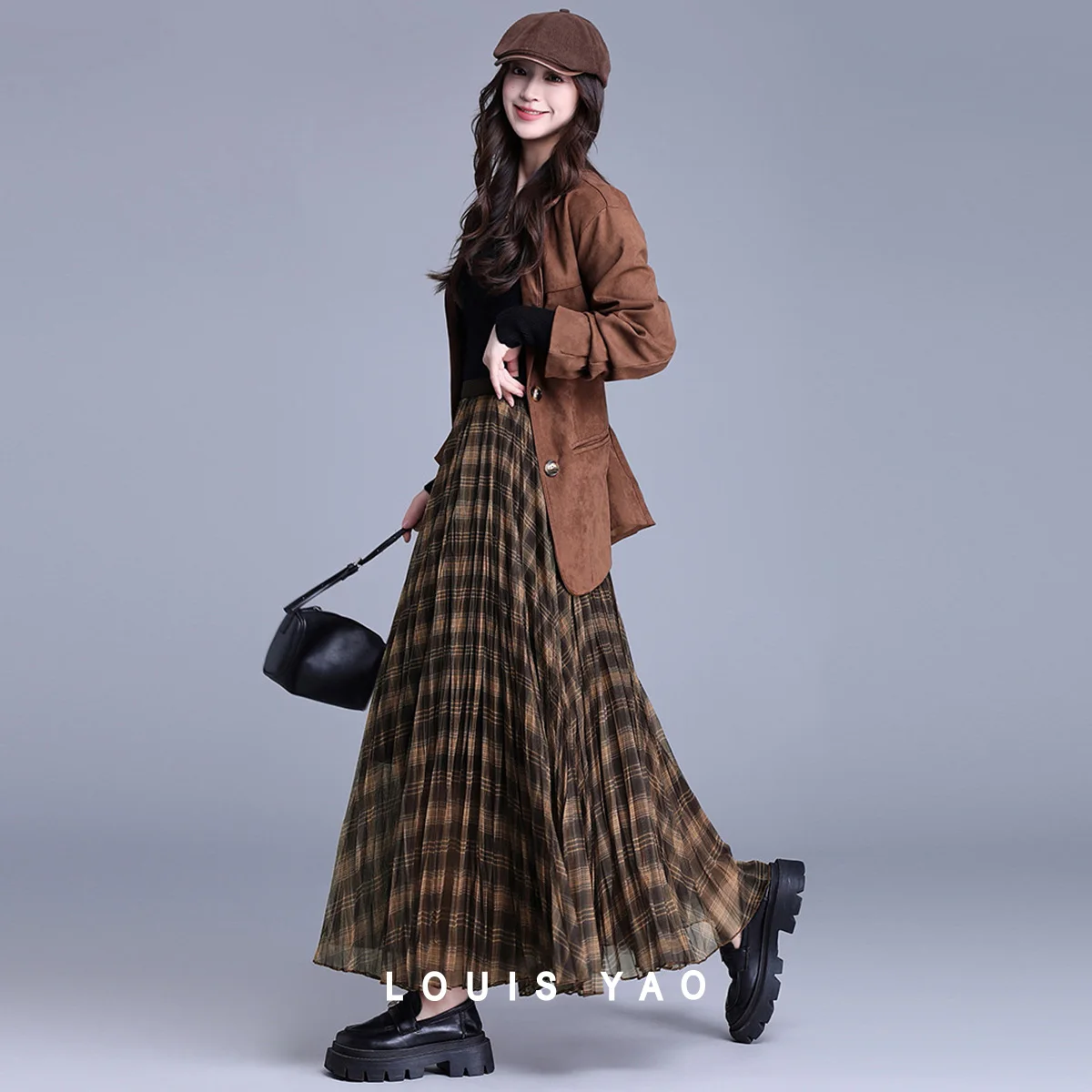 

LOUIS YAO Contrast-Color Plaid Long Skirt 2025 Autumn Fashionable Casual High-Waisted Elastic Waist Women's Skirt Chic Wear