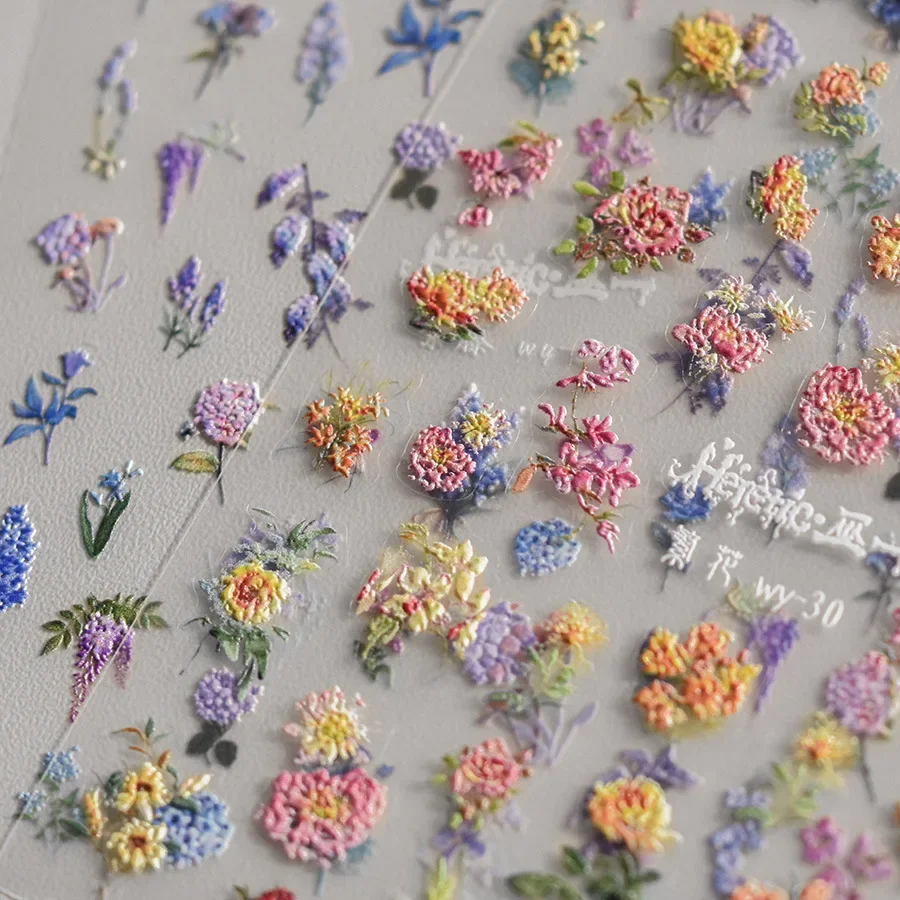 1pcs 5D Wisteria Nail Stickers Chinese Crane Parrot Chrysanthemum Flower Self Adhesive Nail Art Decorations Decals Accessories