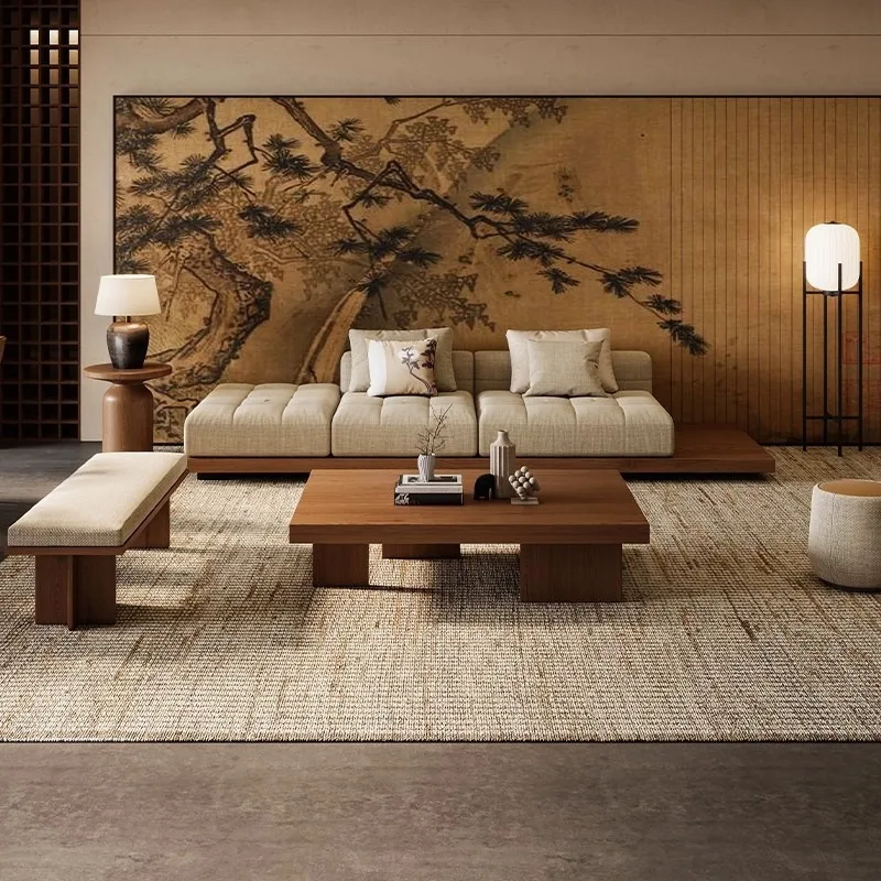 Modern visual new Chinese Zen pure solid wood sofa coffee table combination fabric double straight row Song Dynasty