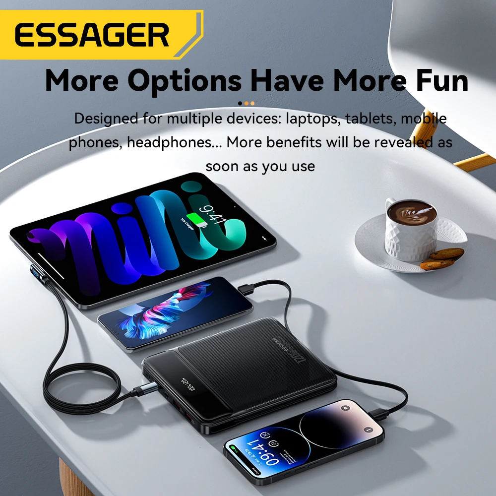 Essager 120W 20000mAh Güç Bankası, İki Dahili Kablolu 100W PD Hızlı Şarj iPhone 16 15 14 Pro Max iPad Macbook Dizüstü Bilgisayar