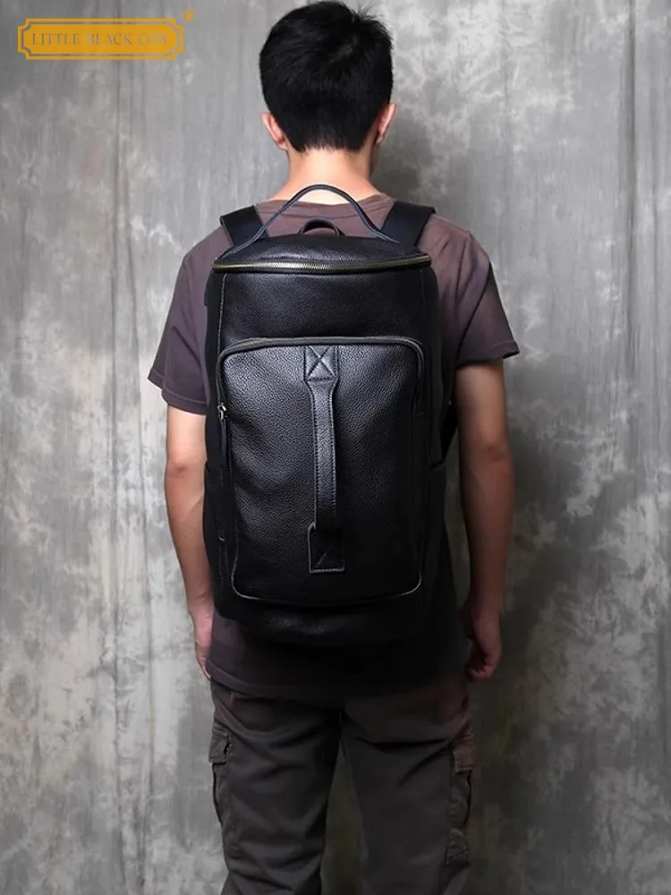 

Mens Fashion Black Cowhide Genuine Leather Handmade Large Capacity Travel Bag Backpack Handbag Casual Outside Hiking Backpack