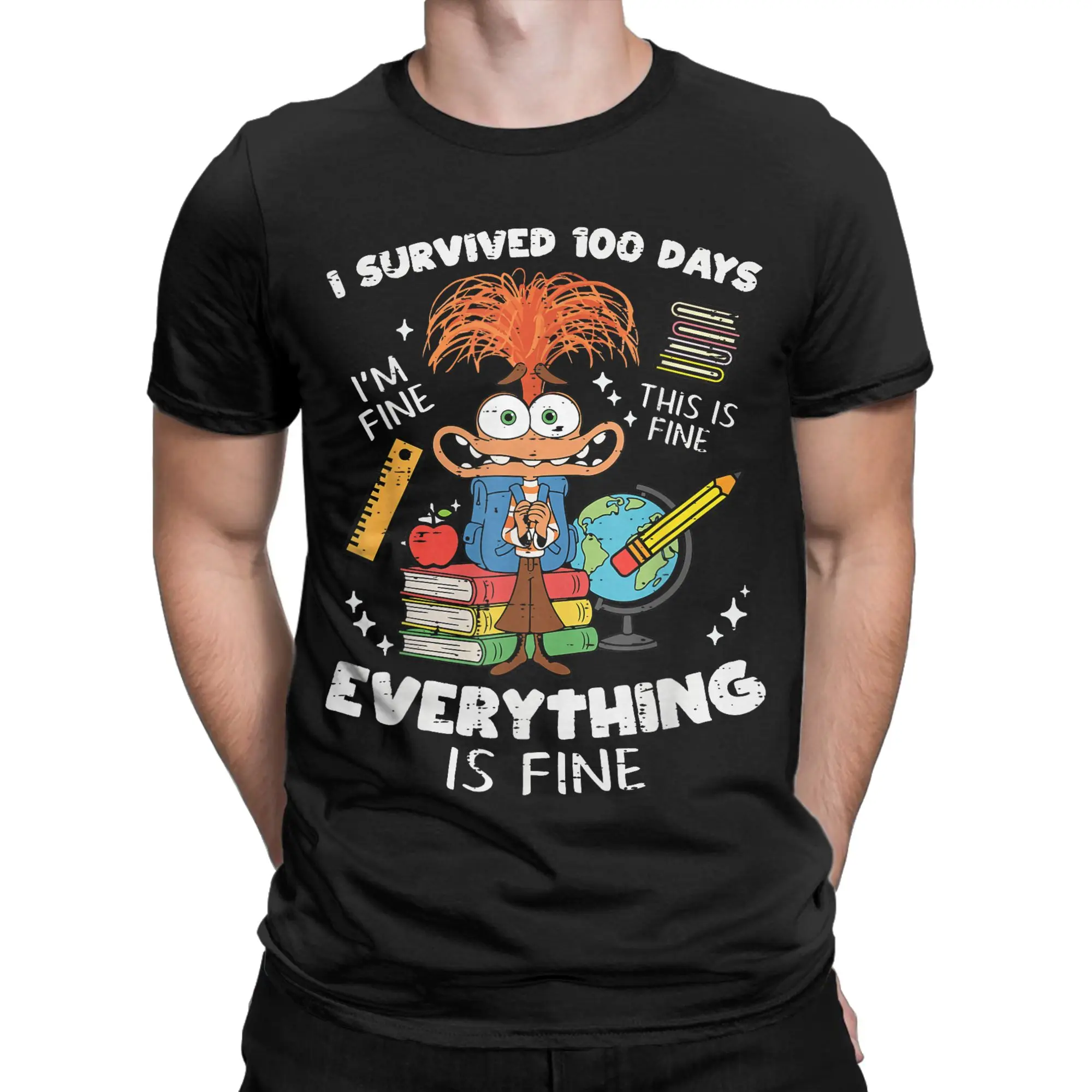 Streetwear T Shirt Summer Survived 100 Days Im is Fine Anxiety 100th Day Schoo Novelty T-Shirts  Cotton Design Tee Shirt for Men view 2