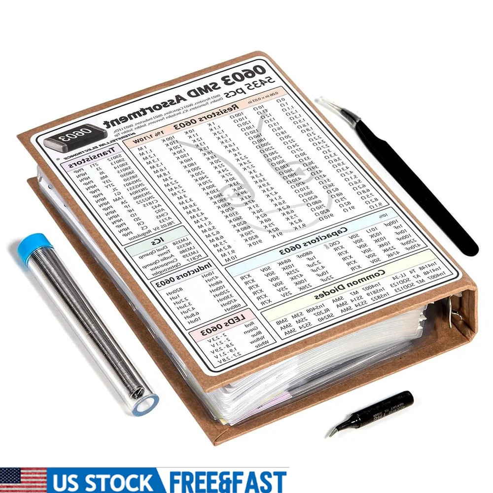 

SMD 0603 Electronic Components Assortment Kit 5435 pcs Including Resistors Capacitors Transistors Diodes ICs LEDs Inductors