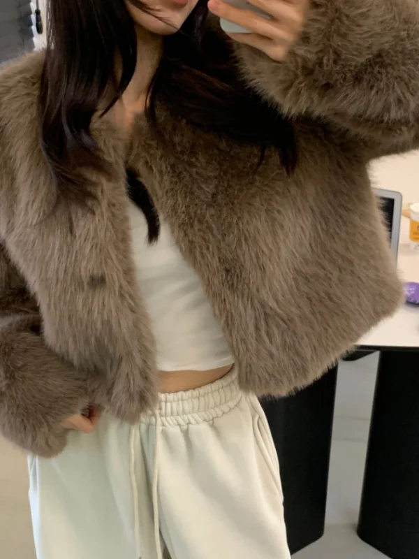 معطف فرو نسائي من Ele سترة مفتوحة مخملية شرابة ملابس خارجية شتوية عصرية متعددة الاستخدامات فاخرة ملمس فضفاض كوري Sle #4