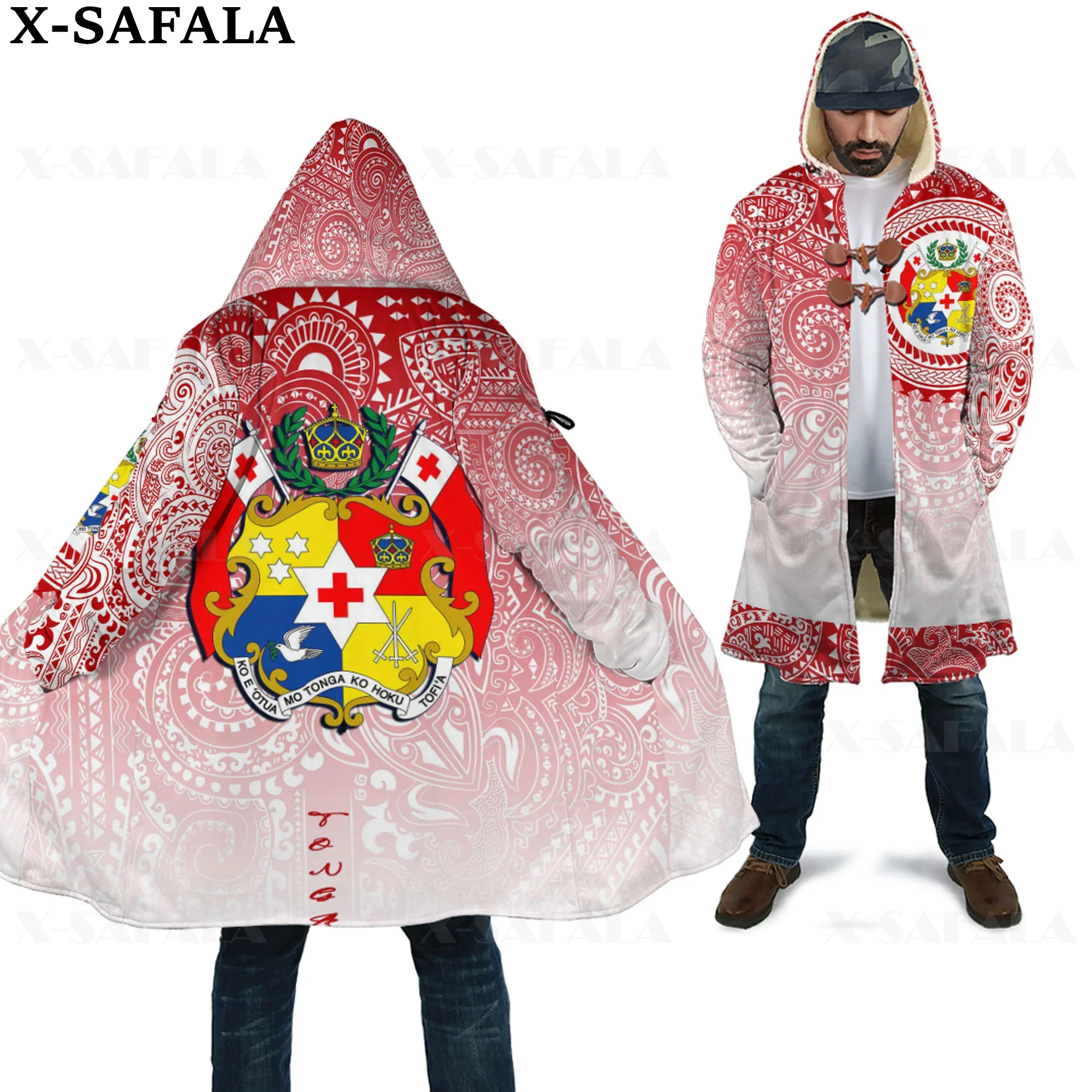 Tonga Hibiscus Coatofamrs Country Art Thick Warm Hooded 3D Print Cloak Men Overcoat Coat Windproof Fleece Cape Robe Blanket-1