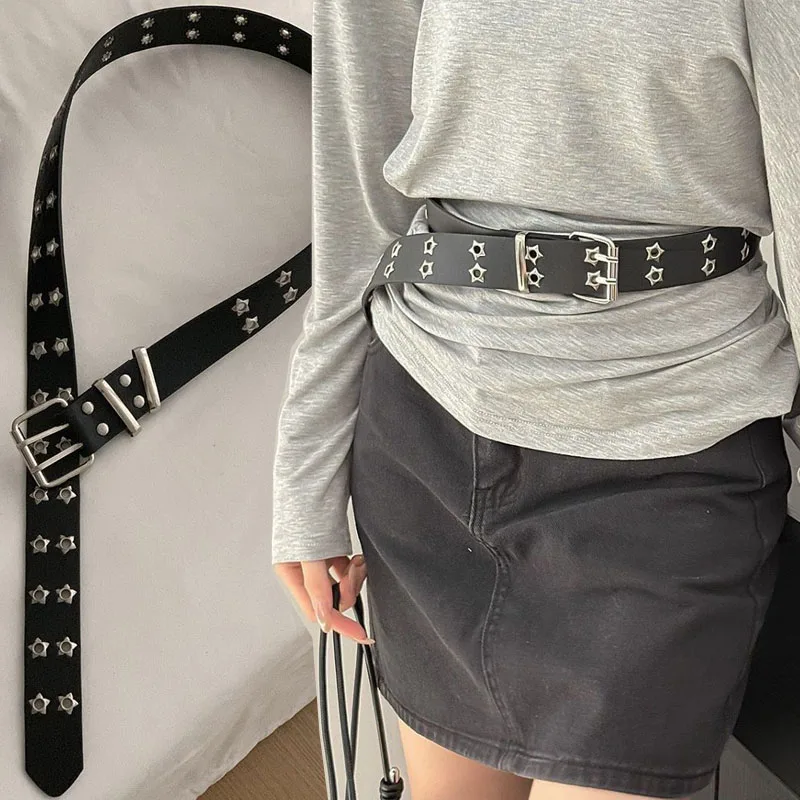

Ремень Y2K с двойным рядом ажурных звезд, из искусственной кожи, черно-белый, для женщин, для джинсов, юбок, декоративный, в стиле джаз