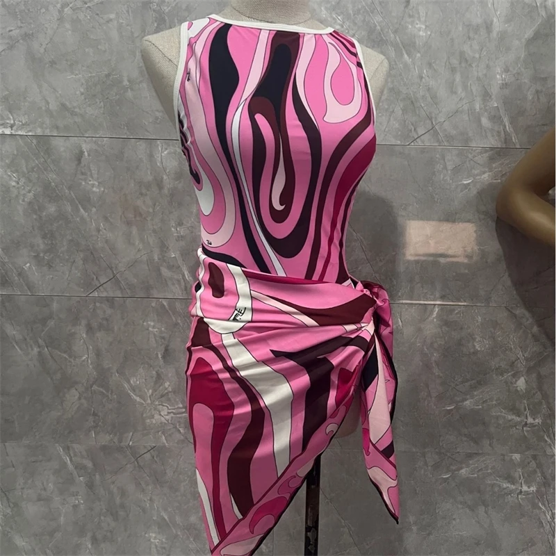 2025 Swimsuit With Scarf Silk One Piece Of Swimwear Women Bathing Suit Striped Beachwear