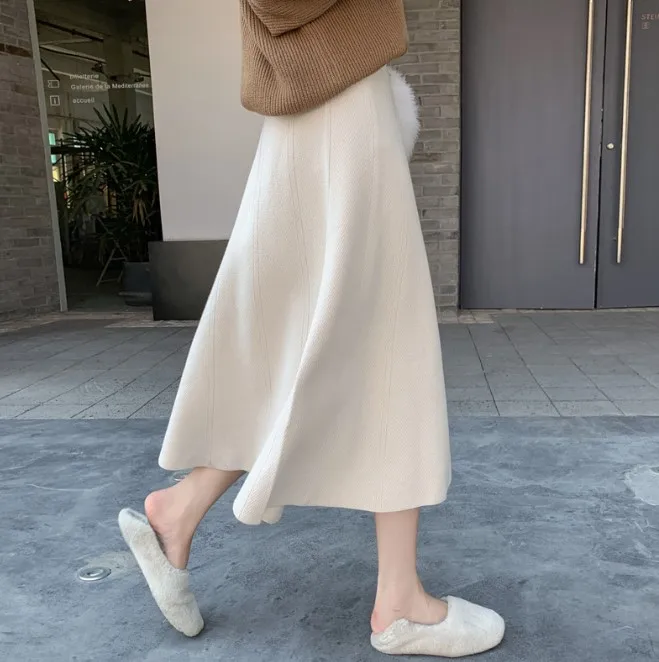 

Autumn Winter Mid Length High Waist A-Line Knitted Skirt Women