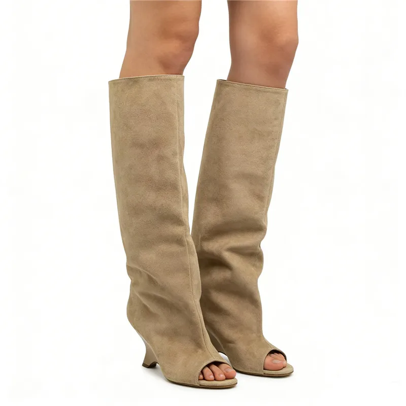 2026 Four Seasons Women's Suede Peep Toe Wedge Thick Heel Knee High Boots Fashion Slouchy Tall Boots Party Club Wedding Shoes image 6