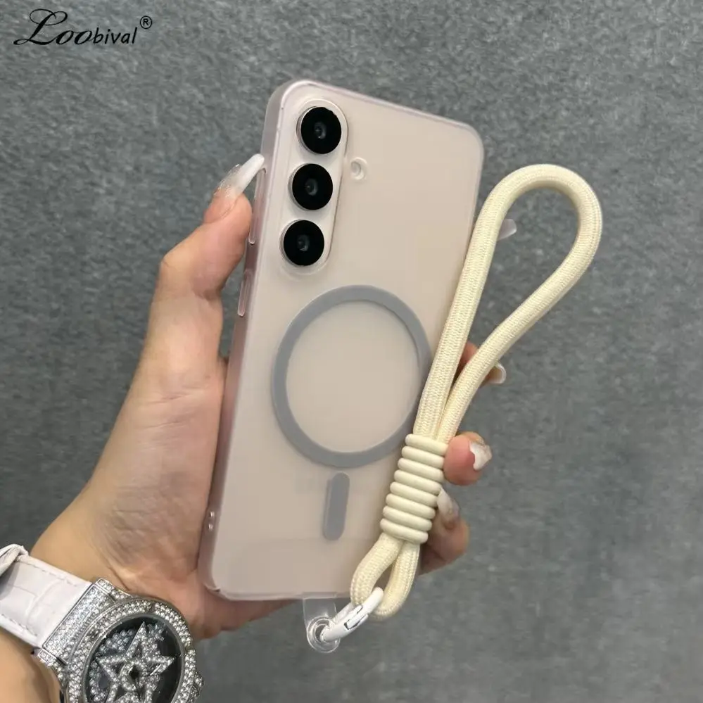 Matte Lanyard Magnetic Case for Samsung Galaxy S25 S26 Ultra S22 S23 S24 Plus S21 FE A55 A56 A16 A17 Wrist Strap Hard Cover