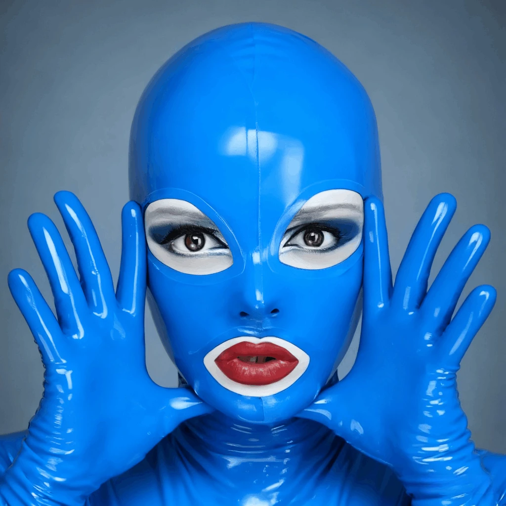 

Latex Blue Hood Headgear Open Mouth Hood Rubber Mask Open Eyes Cosplay Club Wear Party Costume