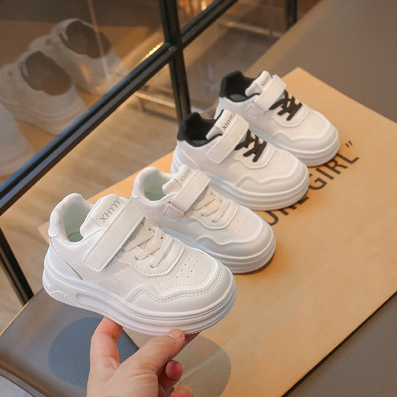 

Children Casual Shoes White Pu Leather Plain Design School Kids Sneakers Unisex All-match 26-39 Four Seasons Boys Girls Shoes