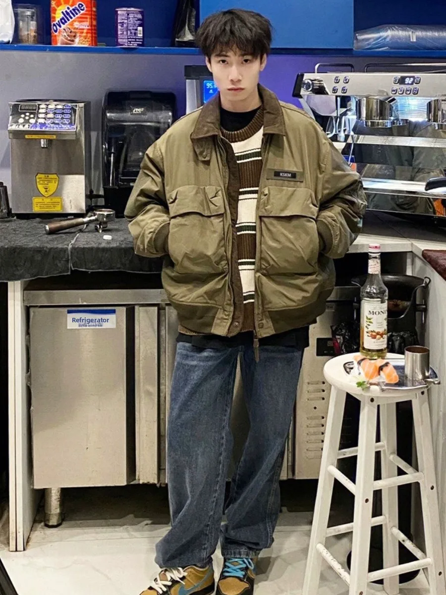 

Khaki Baseball Jaet Men's Spring Autumn New Sle American Retro Vintage Couple Hunting Flight Coat Loose Fit Zipper Decora...