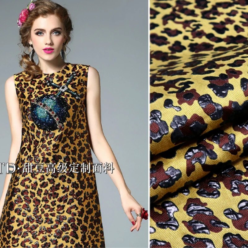 Gold Silk Yarn Dyed Jacquard Fabric Leopard Print Dress Trench Coat European Brand Fashion Design Sew Wholesale Material Cloth