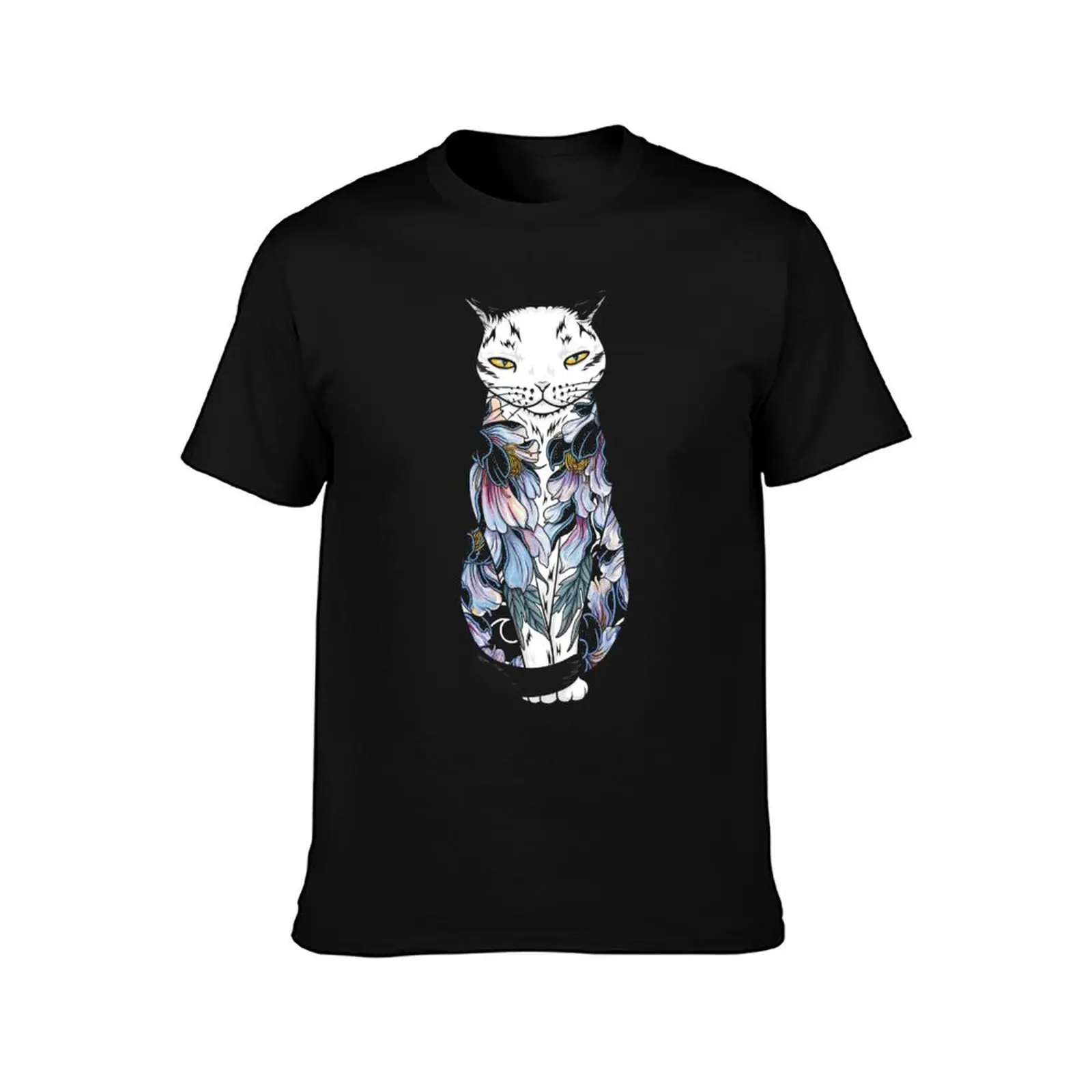 Cat in cosmic black peonies tattoo T-Shirt No Iron Casual Short Sleeve Top T-Shirt