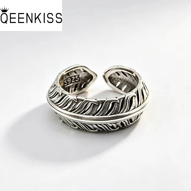 QEENKISS 925 Sterling Silver Vintage Feather Rings for Women Men Birthday Wedding Party Christmas Boy Girl Father Gifts RG7184