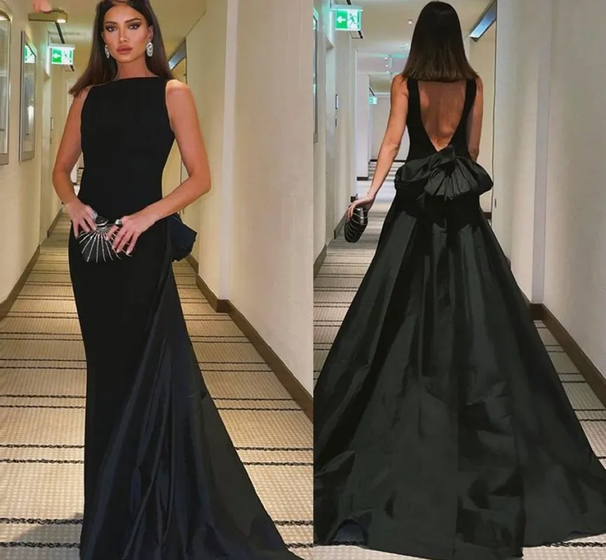 

Arabic Dubai Black Evening Dresses Boat Neck Backless Bow Formal Prom Party Gowns A-line Vestidos Feast Robe De Soiree