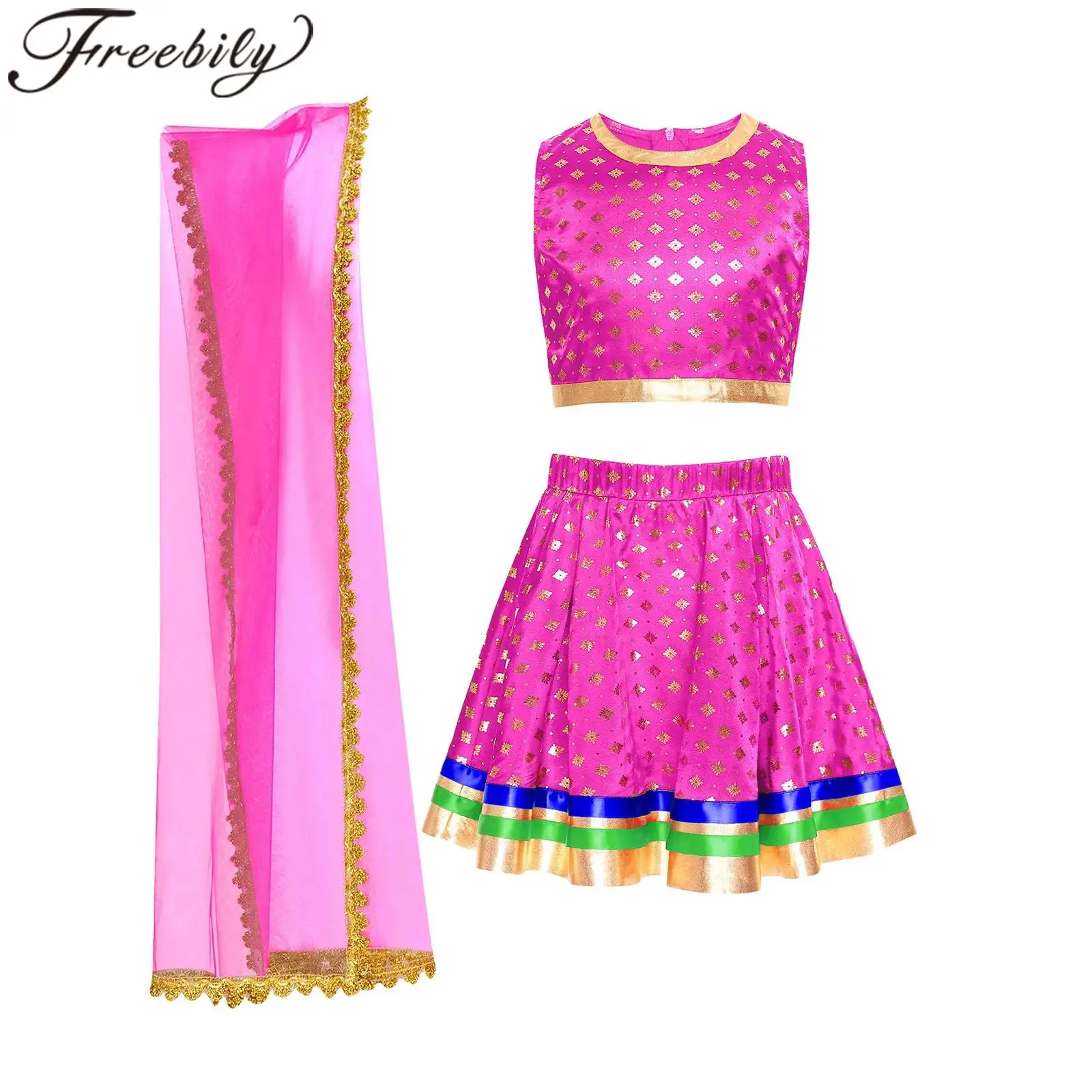 女の子ベリーダンス衣装インドダンスダンスウェアセットパフォーマンス衣装子供ショークロップトップとスカートチュールスカーフセット