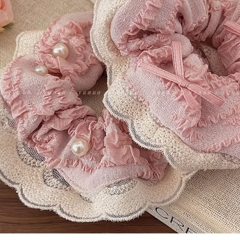 Korea Sweet Pink Girls Bow Pearl Scrunchie Headdress for Women 2024 Fashion Ribbon Lace Princess Exquisite Hair Band Accessories