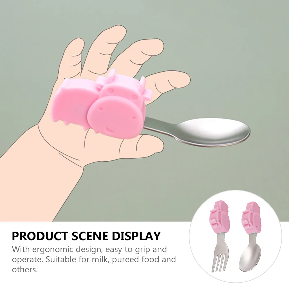 

2Pcs Baby Stainless Steel Fork Spoon Set Silicone Handle Cartoon Design Safe Durable Infant Tableware Dinnerware
