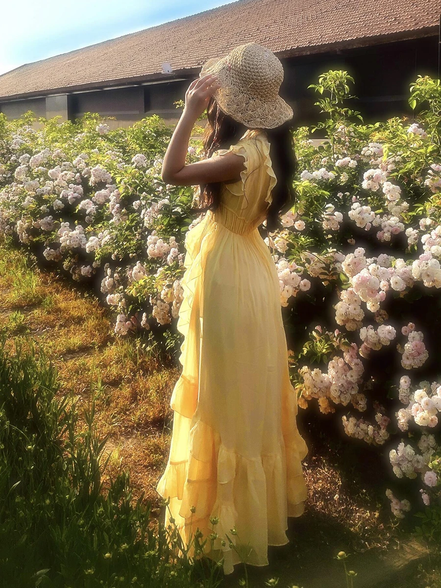 ReddaChic Sukienka Tank Top z Dekoltem V, Damska Szyfonowa Sukienka z Nieregularnymi Falbanami, Bandazowym Tyłem, Odkrytymi Plecami, Długa, Zwiewna Sukienka w Stylu Boho, Letnia Odzież