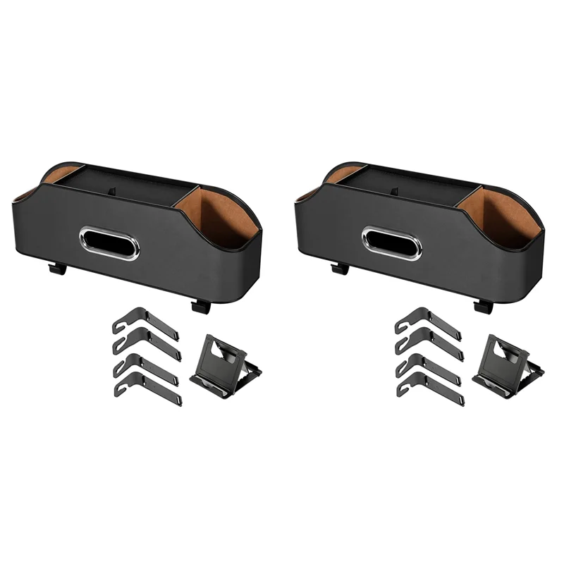 

2X Car Headrest Backseat Organizer With 2 Drink Cup Holder, Cell Phone Holders, Hooks And Tissue Box Accessories - Black