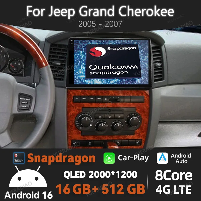 Android 16 Car Radio For Jeep Grand Cherokee 2005 - 2007 Multimedia Video Player Carplay Auto 2K Screen NAVI GPS Head Unit QLED