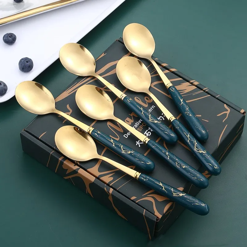 Luxury Nordic Stainless Steel Coffee Spoon Marbling Golden Dessert Milk Mixing Kitchen Accessories Coffeeware Tools