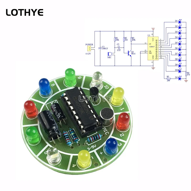 CD4017 Kolorowy, aktywowany głosem, obrotowy zestaw oświetlenia LED DIY Zestaw elektroniczny Części Zestaw lutowniczy Szkolenie elektroniczne zabawne spawanie