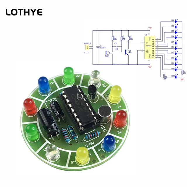 CD4017 Kolorowy, aktywowany głosem, obrotowy zestaw oświetlenia LED DIY Zestaw elektroniczny Części Zestaw lutowniczy Szkolenie elektroniczne zabawne spawanie
