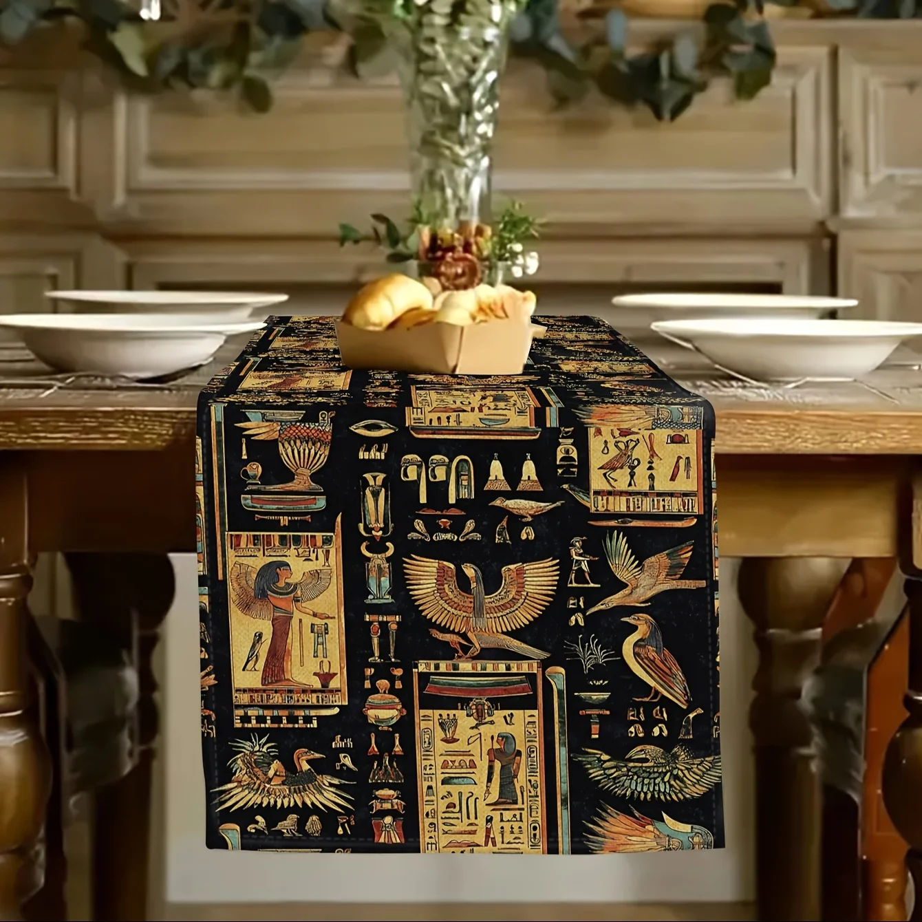 Egyptian Theme Linen Table Runner Holiday Party Decor Geometric Hieroglyphic Symbol Kitchen Dining Table Runners for Table Decor