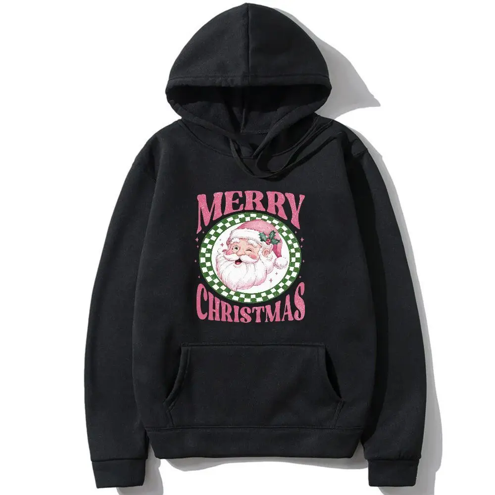 Merry Christmas Santa Claus Graphic Women's Hoodie Kawaii Checkered Print Long Sleeve Pullover Autumn Winter Loose Casual Hoodie