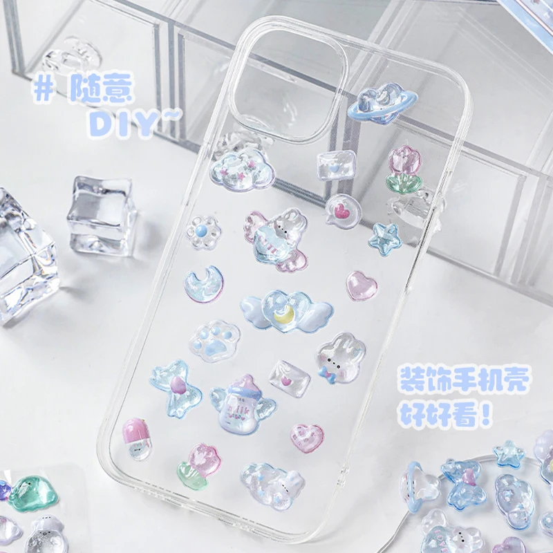 50pcs 3D Cute Cartoon Crystal Stickers,Transparent Jelly Resin Sticker, Girl's Children Goo card for Phone Case Decor Korea Guka