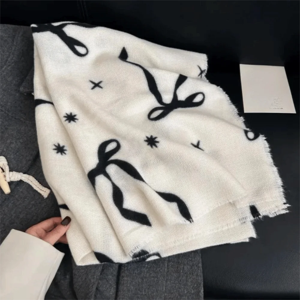 

Fashion Printed Bow Wool Scarf Thicken Coldproof Winter Cashmere Scarves Korean Style Long Women Cashmere Shawl Cold Weather