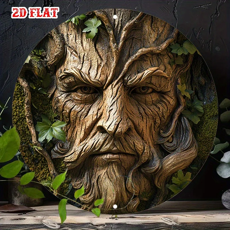 2D-Metallschild, Retro-Rundmetall-Wandkunst, ernsthaftes Statuenmotiv mit geschnitzten Blättern und Rinden, Küsten-Terrassen- und Garten-Dekoration für Partys