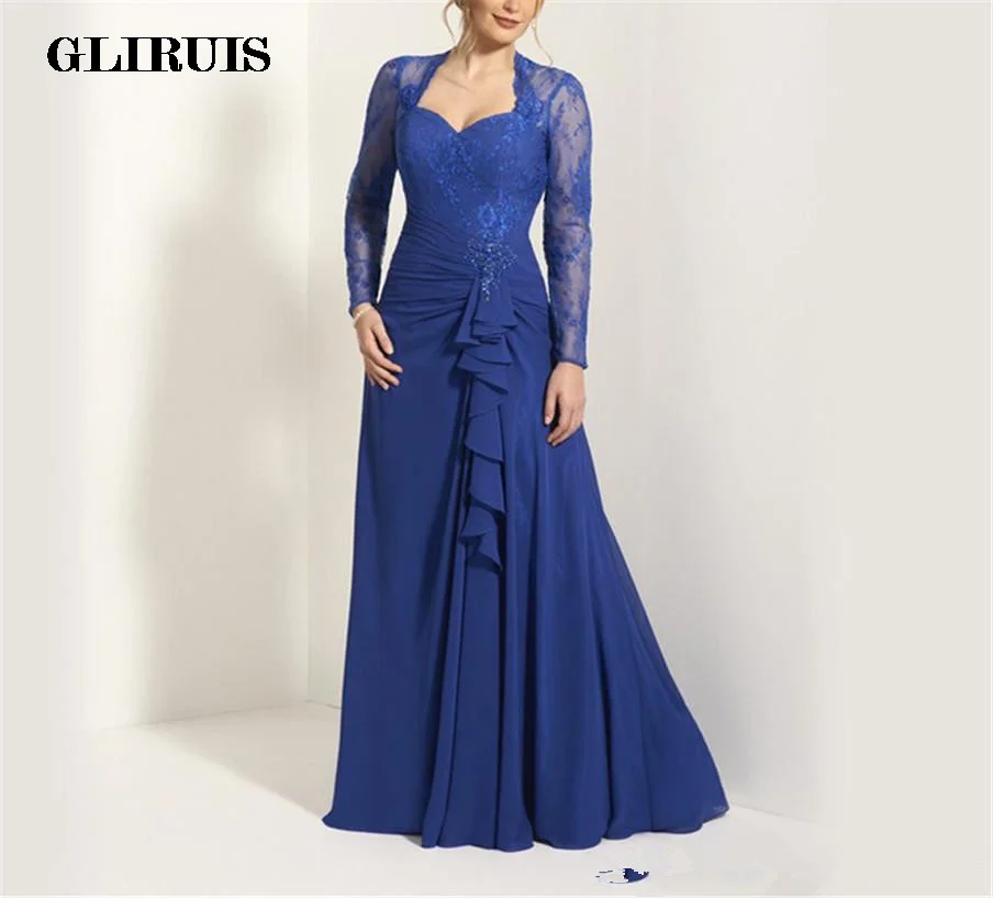 

Sweetheat Long Sleeves Applique Royal Blue Chiffon Mother of the Bride Dress Ruffles Front Keyhole Back A-line Maid Dresses