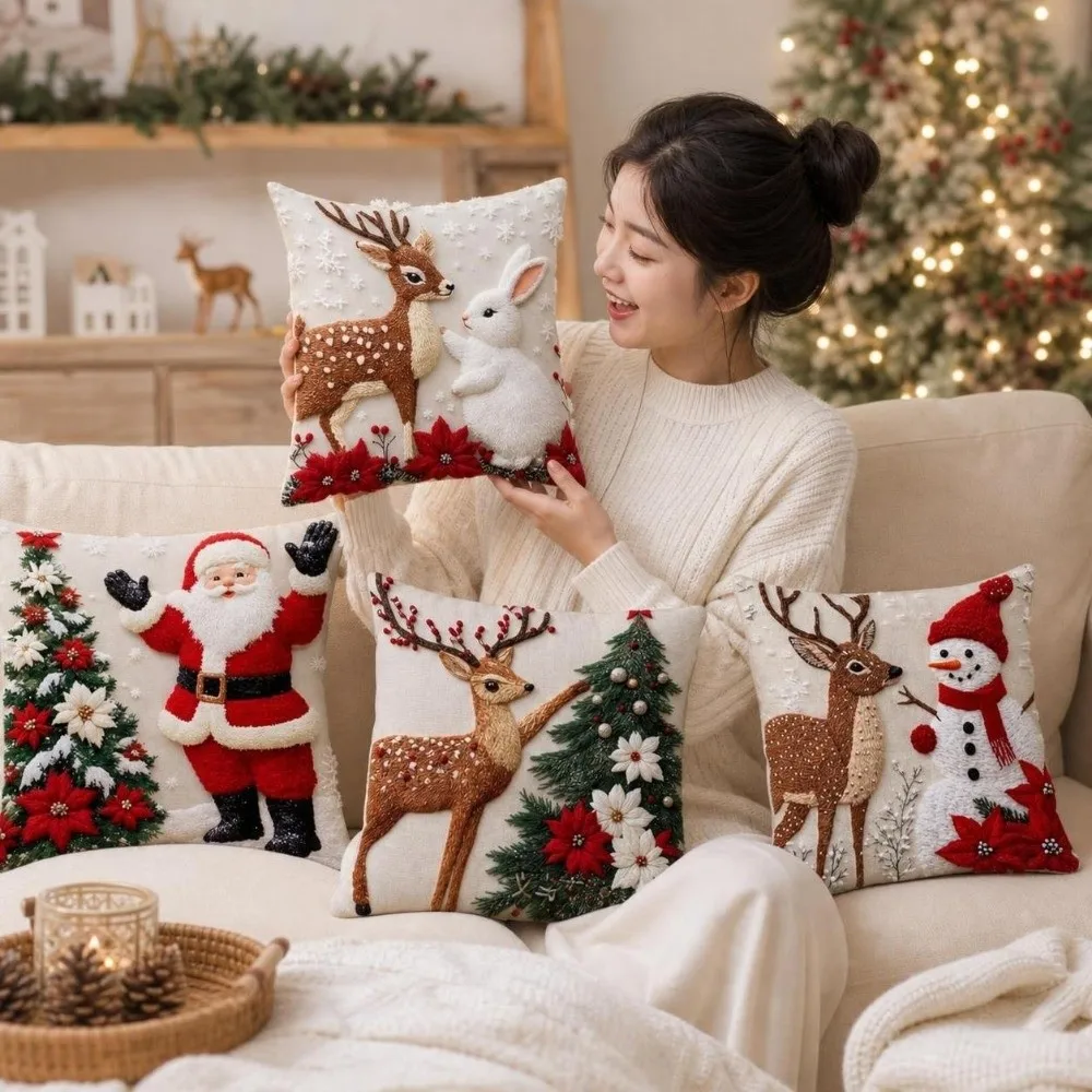 4PCS Santa Claus Christmas Pillow Covers Snowman Tree Flower Holiday Cushion Cover Elk New Year Reindeer Pillowcase