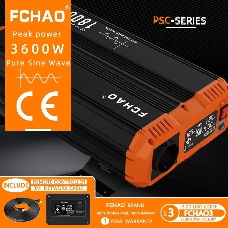 FCHAO 3600W Inverter a pannello solare onda sinusoidale pura 12V 24V a 220V convertitore di potenza per auto alimentatore Display LCD a energia