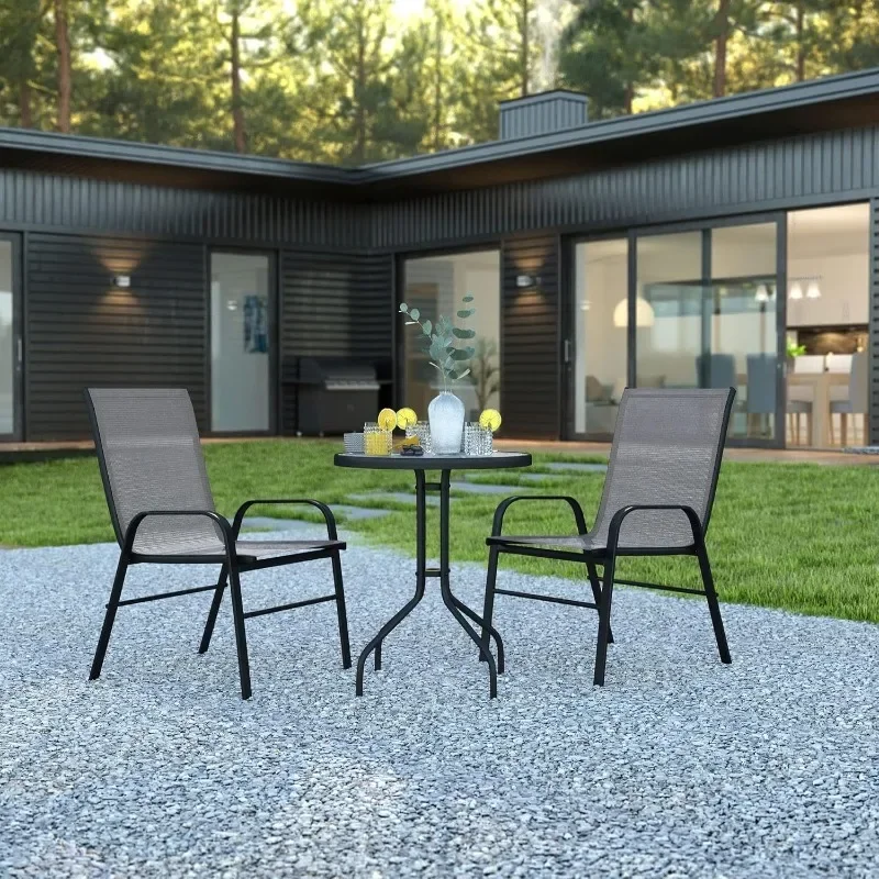 Outdoor Patio Dining Set -Flex Comfort Stack Chairs - Round Tempered Glass Patio Table