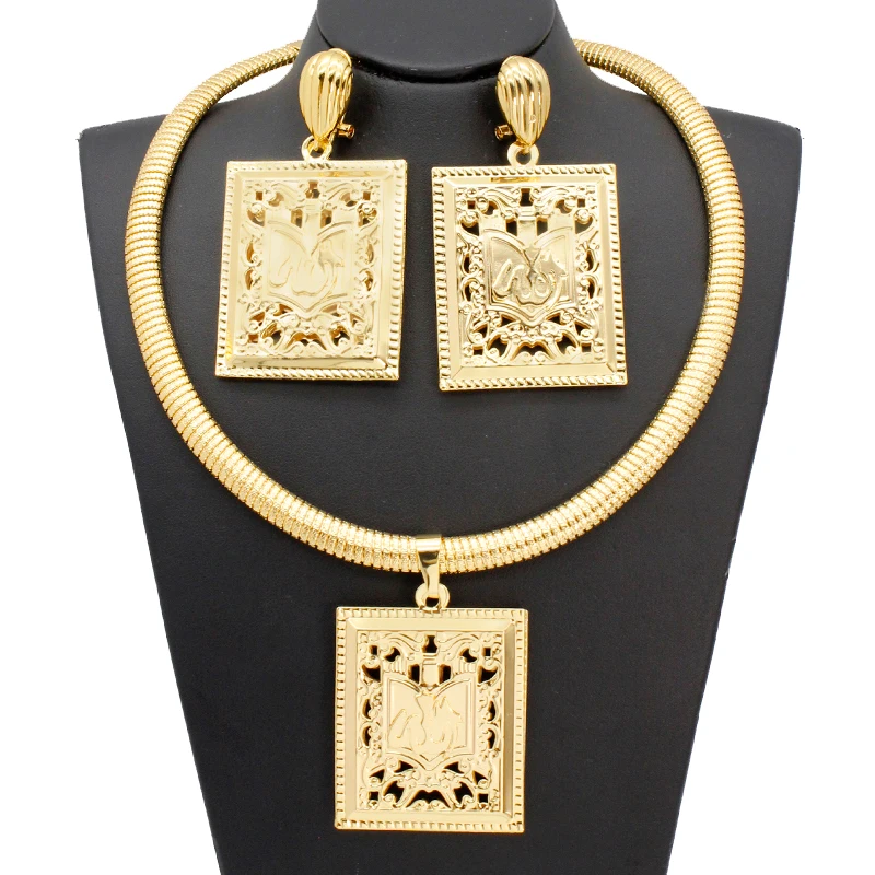 Necklace Earrings Jewelry Sets Large Size Square Design 24K Gold Plated Brazilian African Jewellery For Bridal Wedding Gifts