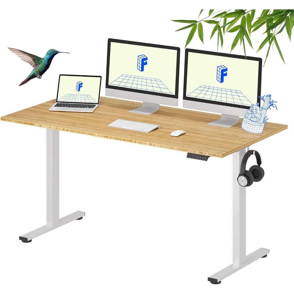 

Electric Height-Adjustable Bamboo Desk, 60" x 30", Whole-Piece Standing Desk for Home Office (White Frame with Bamboo Top)