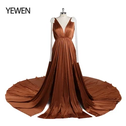 YEWEN-vestidos de satén de seda para mujer embarazada, ropa de maternidad con abertura lateral para sesión de fotos y Baby Shower, YD22604