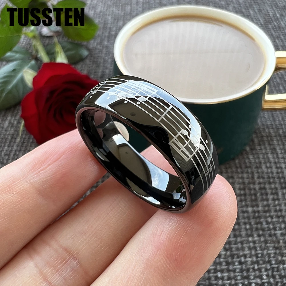 TUSSTEN 6/8MM mężczyźni kobiety obrączka wolframowa grawerowanie laserowe fortepian pięcioliniowy nuta pierścień muzyczny kopułkowa polerowana wygodne dopasowanie — zdjęcie 4