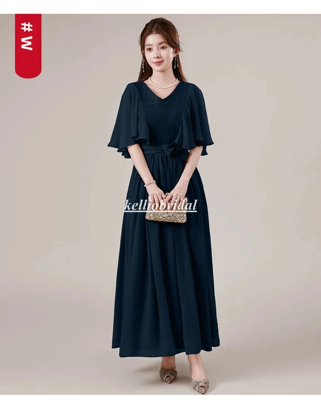 

Customized Modest V-Neck Mother of the Bride Dress with Sleeves Wedding Party Gown Elegant Garden Wedding Mother Dress YSM195