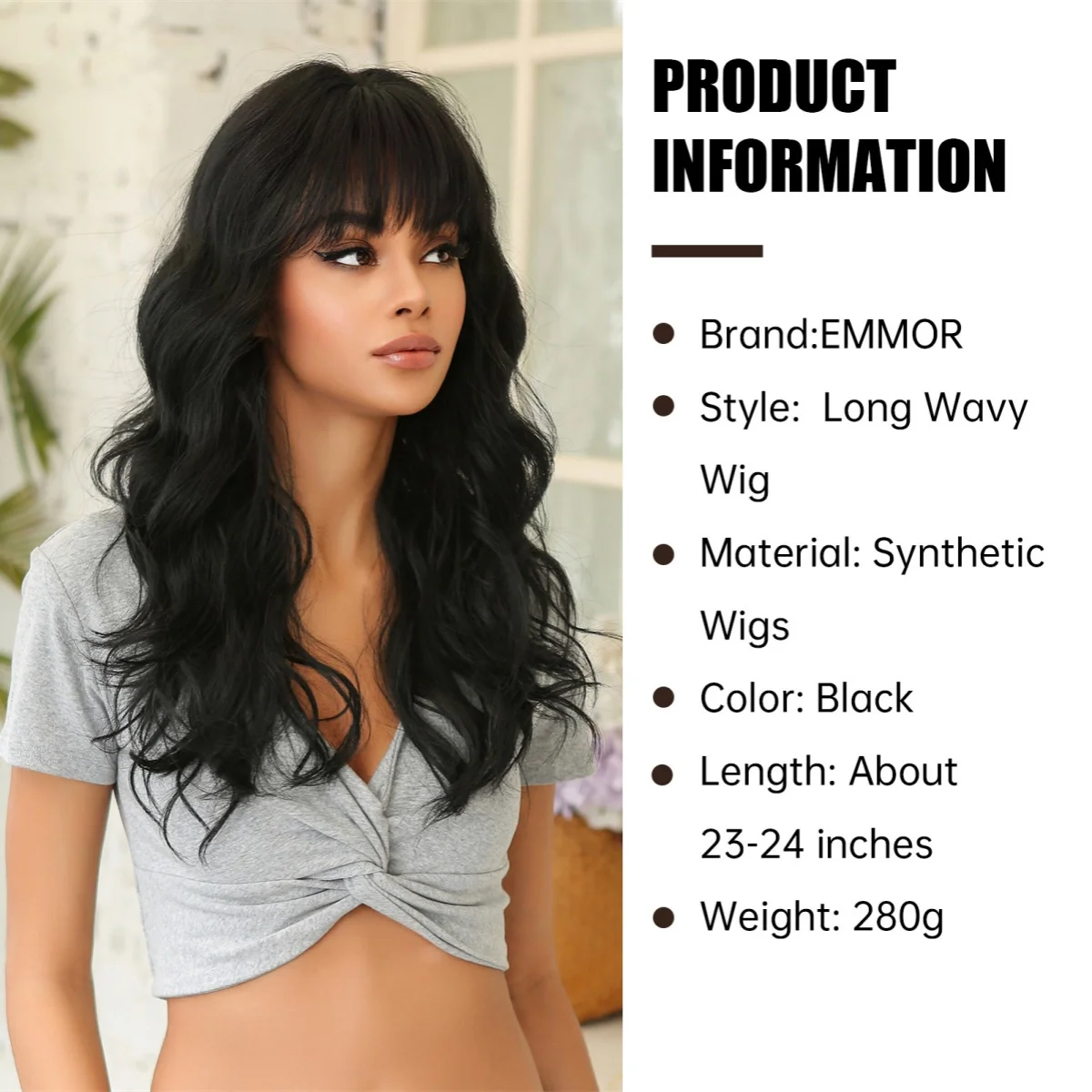 Long Wavy Black Synthetic Wigs With Bangs For Women Long Wavy Curly Wigs Natural Looking Wig for Daily Party Use Heat Resistant