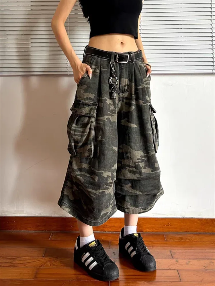 Large Pocket Design Camouflage Loose Denim Short Women's Summer Street Cargo Shorts Young Girl Bottom Female Calf-length Pants